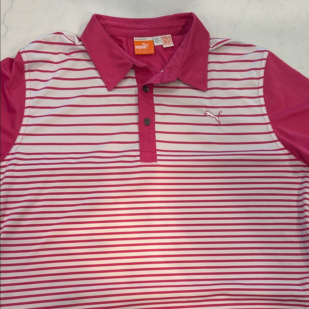 Puma Men’s Polo GOLF Shirt with Pink and White Stripes- XL